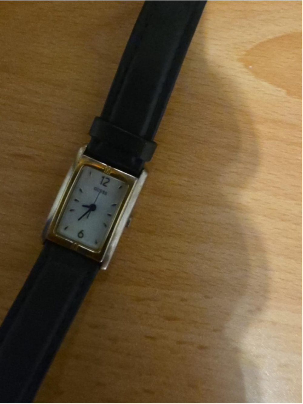 GUESS 155844L3 Rectangular Quartz Watch Two Tone Black Leather Strap Japan Mov’t